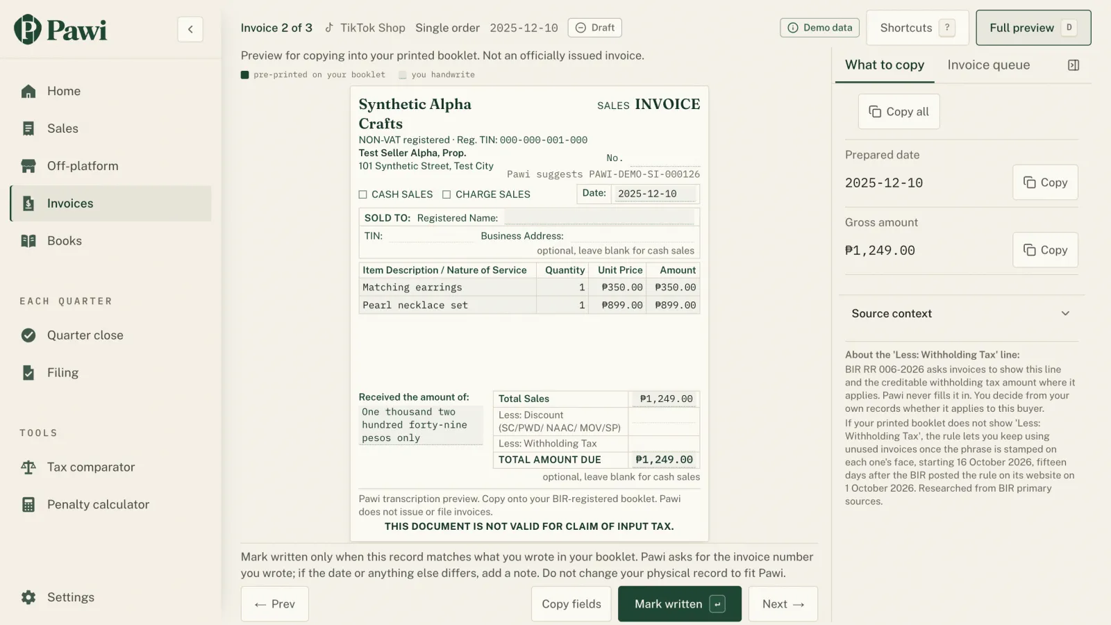 Pawi's invoice transcription preview next to a What to copy panel, shown with sample data: a sample seller, a sample transcription preview and fields to copy onto a printed booklet.